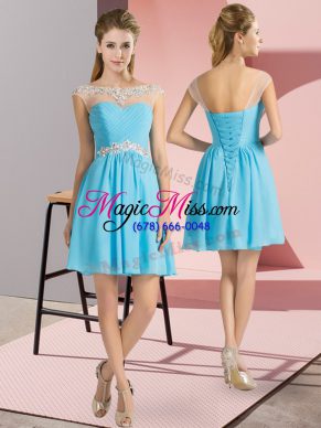 Captivating Empire Prom Evening Gown Aqua Blue Scoop Chiffon Cap Sleeves Mini Length Lace Up
