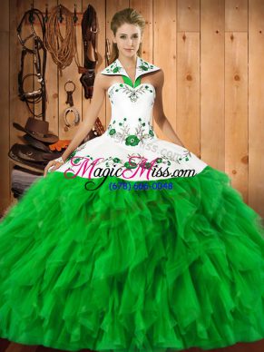 Green Sweet 16 Dresses Military Ball and Sweet 16 and Quinceanera with Embroidery and Ruffles Halter Top Sleeveless Lace Up
