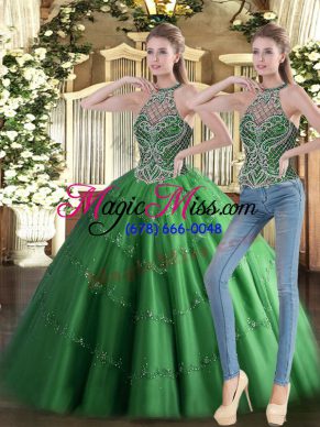 Sleeveless Tulle Floor Length Lace Up Ball Gown Prom Dress in Green with Beading