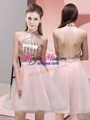 Baby Pink A-line Chiffon Halter Top Sleeveless Sequins Mini Length Backless Bridesmaid Dress