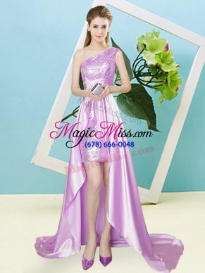 Inexpensive Empire Evening Dress Lilac One Shoulder Elastic Woven Satin and Sequined Sleeveless High Low Lace Up