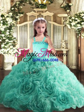 Lovely Turquoise Lace Up Pageant Gowns For Girls Appliques Sleeveless Floor Length