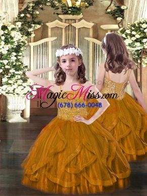 Cute Brown Ball Gowns Tulle Spaghetti Straps Sleeveless Beading and Ruffles Floor Length Lace Up Pageant Dress Wholesale