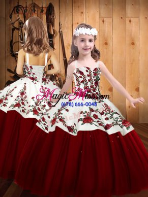 Hot Selling Red Tulle Lace Up Little Girls Pageant Gowns Sleeveless Floor Length Embroidery