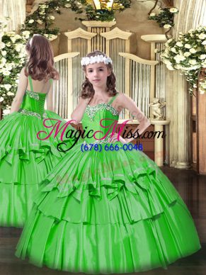 Perfect Straps Sleeveless Kids Pageant Dress Floor Length Beading and Ruffled Layers Green Organza and Taffeta