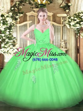 Green Ball Gowns Spaghetti Straps Sleeveless Tulle Floor Length Zipper Appliques 15th Birthday Dress