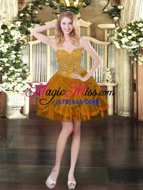 Fitting Brown Tulle Lace Up Evening Dress Sleeveless Mini Length Beading and Ruffles
