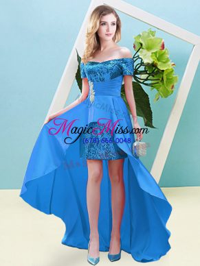 Exceptional Baby Blue Elastic Woven Satin and Sequined Lace Up Homecoming Dress Short Sleeves High Low Beading