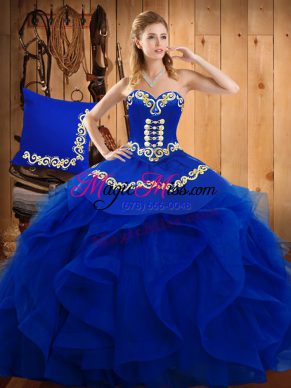 Trendy Blue Ball Gowns Organza Sweetheart Sleeveless Embroidery and Ruffles Floor Length Lace Up Sweet 16 Dresses