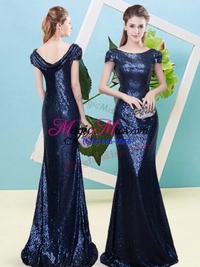 Sophisticated Navy Blue Cap Sleeves Floor Length Sequins Zipper Prom Evening Gown