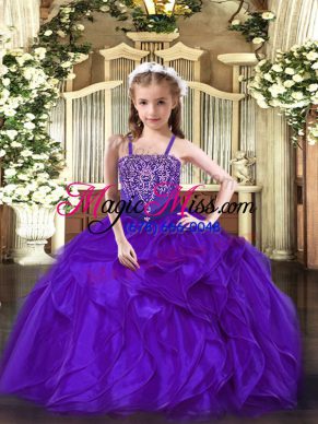 Trendy Purple Ball Gowns Beading and Ruffles Little Girls Pageant Gowns Lace Up Organza Sleeveless Floor Length