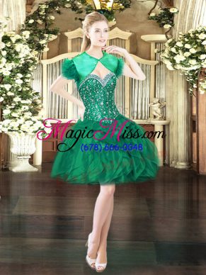 Sleeveless Organza Mini Length Lace Up Evening Dress in Dark Green with Beading and Ruffles