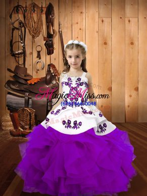 Enchanting Eggplant Purple Sleeveless Floor Length Embroidery and Ruffles Lace Up Little Girl Pageant Dress