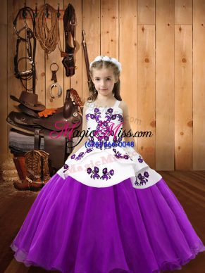 Elegant Straps Sleeveless Organza Girls Pageant Dresses Embroidery Lace Up