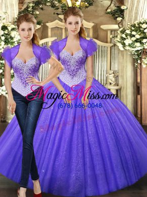 Simple Purple Sleeveless Floor Length Beading Lace Up 15 Quinceanera Dress