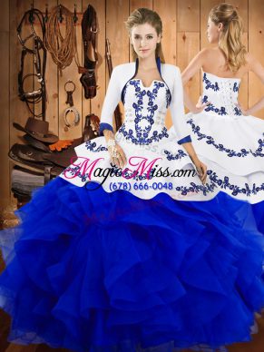 Eye-catching Blue Sleeveless Embroidery and Ruffles Floor Length Ball Gown Prom Dress