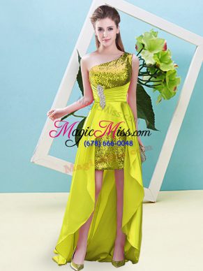 Luxurious Yellow Elastic Woven Satin and Sequined Lace Up One Shoulder Sleeveless High Low Evening Dress Beading and Sequins