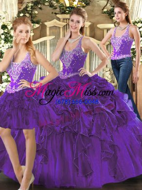 Flare Ball Gowns Ball Gown Prom Dress Purple Straps Tulle Sleeveless Floor Length Lace Up