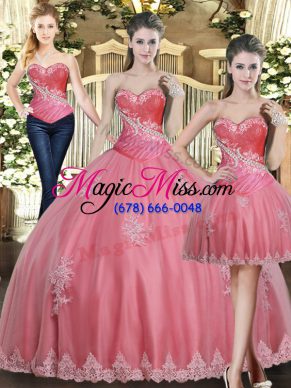 Free and Easy Sleeveless Tulle Floor Length Lace Up Quinceanera Gowns in Rose Pink with Beading and Appliques