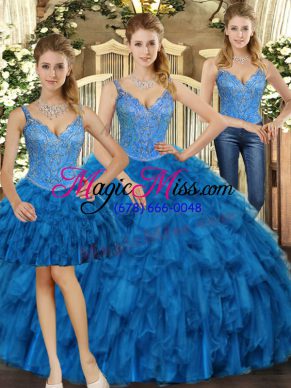 Stylish Floor Length Lace Up 15 Quinceanera Dress Teal for Military Ball and Sweet 16 and Quinceanera with Beading and Ruffles