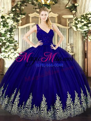 Free and Easy Purple Quinceanera Gown Military Ball and Sweet 16 and Quinceanera with Beading and Lace and Appliques V-neck Sleeveless Backless