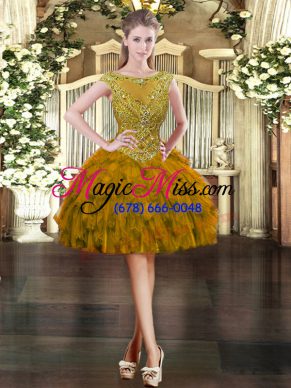 Brown Ball Gowns Organza Scoop Cap Sleeves Beading and Ruffles Mini Length Zipper Prom Party Dress