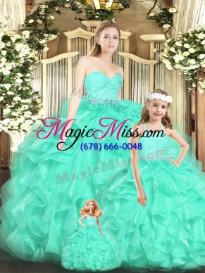 Apple Green Ball Gowns Lace and Ruffles 15 Quinceanera Dress Lace Up Organza Sleeveless Floor Length
