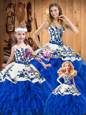 Blue Sleeveless Floor Length Embroidery and Ruffles Lace Up Vestidos de Quinceanera