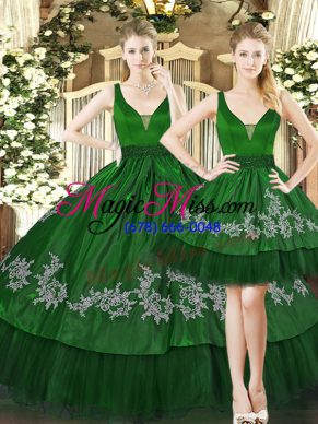 Dark Green Sleeveless Tulle Lace Up 15 Quinceanera Dress for Military Ball and Sweet 16 and Quinceanera