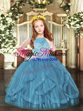 Modern Sleeveless Tulle Floor Length Zipper Custom Made Pageant Dress in Teal with Beading and Ruffles