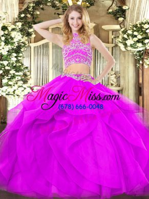Elegant Purple Two Pieces Beading and Ruffles Sweet 16 Dresses Backless Tulle Sleeveless Floor Length