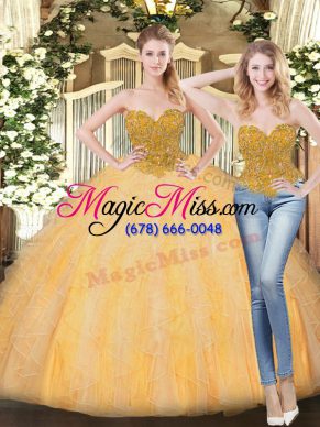 Gold Sleeveless Floor Length Beading and Ruffles Zipper Sweet 16 Dresses