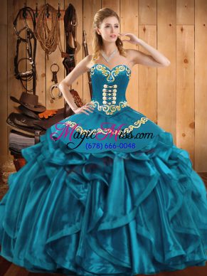 Teal Sleeveless Organza Lace Up Quinceanera Dress for Military Ball and Sweet 16 and Quinceanera