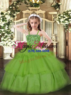 Floor Length Green Pageant Dresses Organza Sleeveless Beading and Ruffled Layers