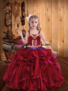 Elegant Straps Sleeveless Organza Little Girl Pageant Dress Embroidery and Ruffles Lace Up