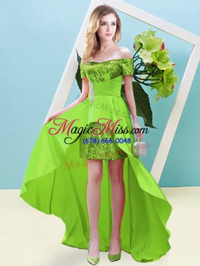 Fantastic Beading Prom Dress Lace Up Short Sleeves High Low