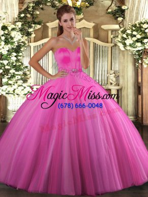 Comfortable Floor Length Rose Pink Sweet 16 Dress Tulle Sleeveless Beading