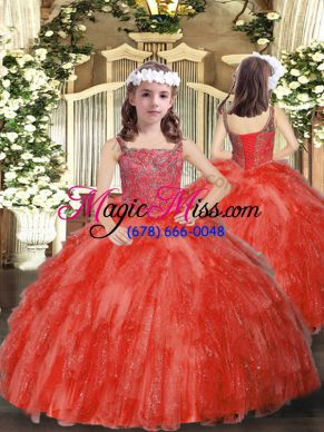 Ball Gowns Little Girls Pageant Gowns Coral Red Straps Organza Sleeveless Floor Length Lace Up