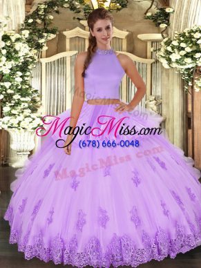 Clearance Lavender Halter Top Neckline Beading and Appliques and Ruffles Quince Ball Gowns Sleeveless Backless