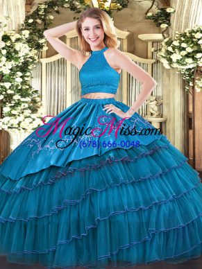 Teal Halter Top Backless Beading and Embroidery and Ruffled Layers Sweet 16 Quinceanera Dress Sleeveless