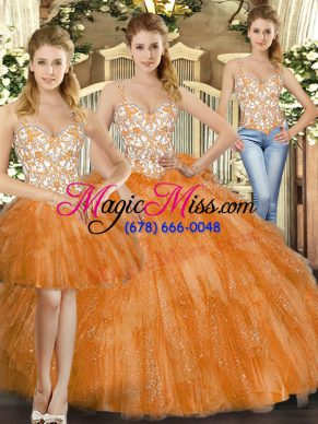 Floor Length Orange Red Ball Gown Prom Dress Straps Sleeveless Lace Up