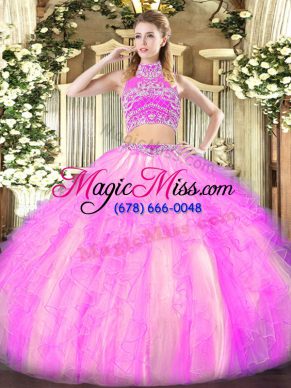 Charming Sleeveless Tulle Floor Length Backless Quinceanera Gown in Lilac with Beading and Ruffles