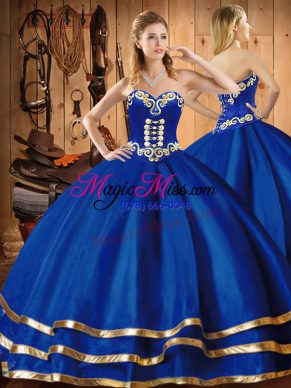 Excellent Blue Sleeveless Floor Length Embroidery Lace Up Sweet 16 Dress