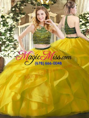Glittering Yellow Sleeveless Beading and Ruffles Floor Length Quince Ball Gowns