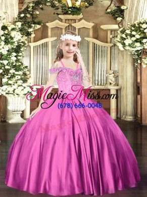 Fuchsia Ball Gowns Beading Pageant Gowns Lace Up Satin Sleeveless Floor Length
