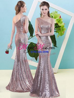 High Class Pink Mermaid Sequins Prom Evening Gown Zipper Sequined Sleeveless Floor Length