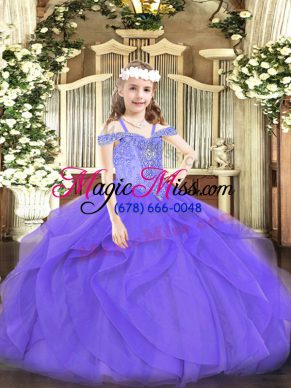Charming Floor Length Lavender Pageant Dress for Girls Off The Shoulder Sleeveless Lace Up