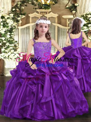 Eggplant Purple and Purple Ball Gowns Organza Straps Sleeveless Beading Floor Length Lace Up Pageant Dress Womens