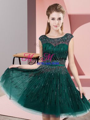 Stylish Dark Green A-line Beading Dress for Prom Backless Tulle Sleeveless Knee Length