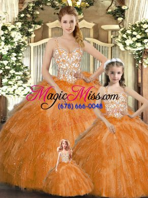 Orange Red Lace Up Straps Beading and Ruffles Quince Ball Gowns Organza Sleeveless